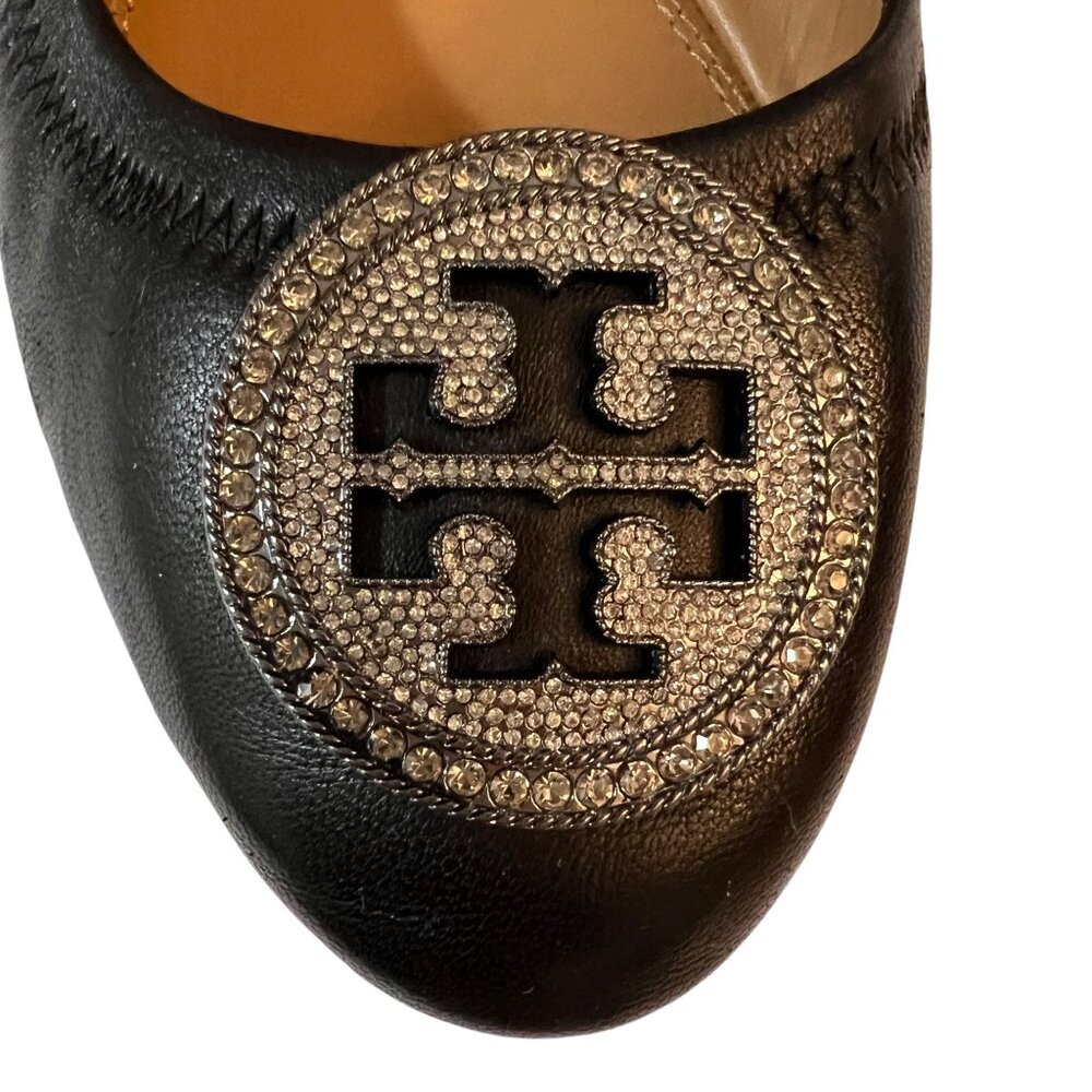 Tory Burch Liana Embellished Ballet Flats Black Leather Size 9 Rhineston… - Picture 2 of 13